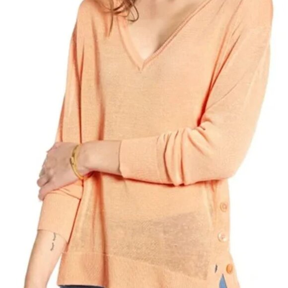 J Crew Sweater Womens Medium Orange V-Neck Linen Blend Side Button Resort Top M - Picture 7 of 7